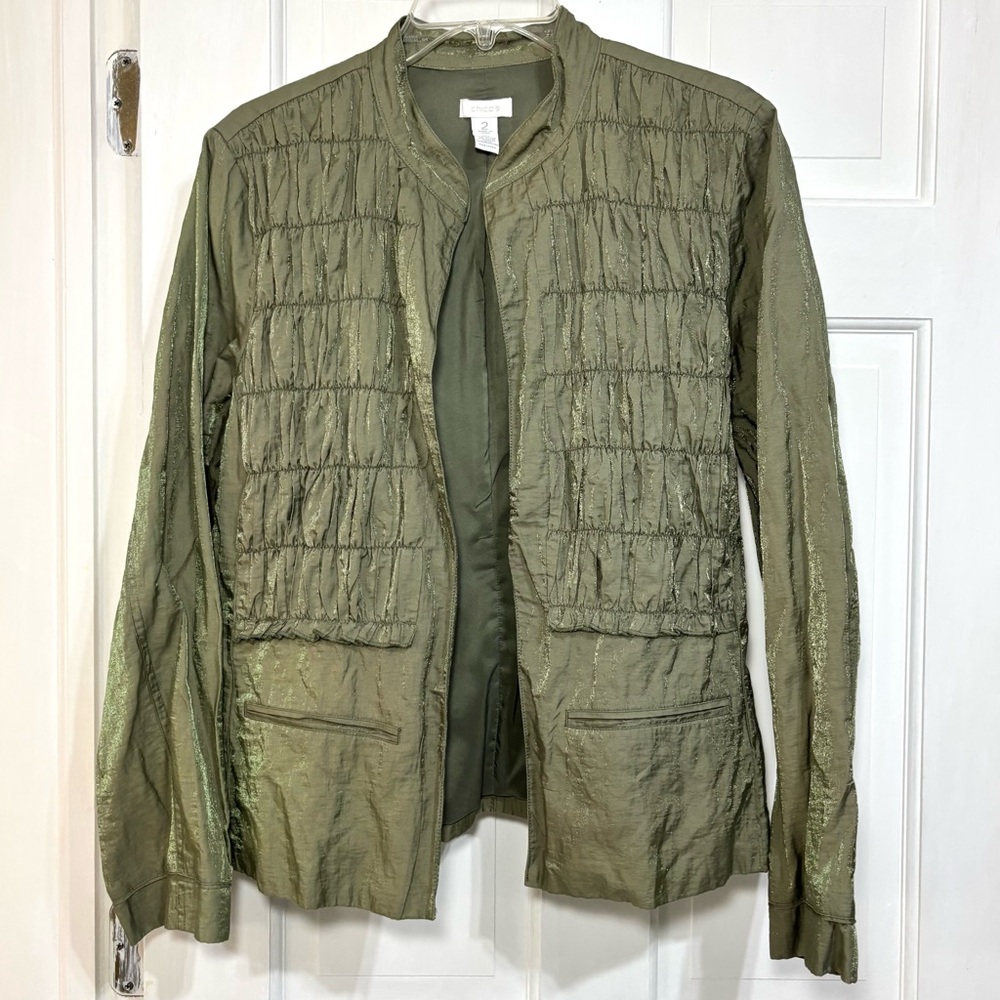 Chico's size 2 Women's Large Olive Green Shimmer Crinkle Army Jacket